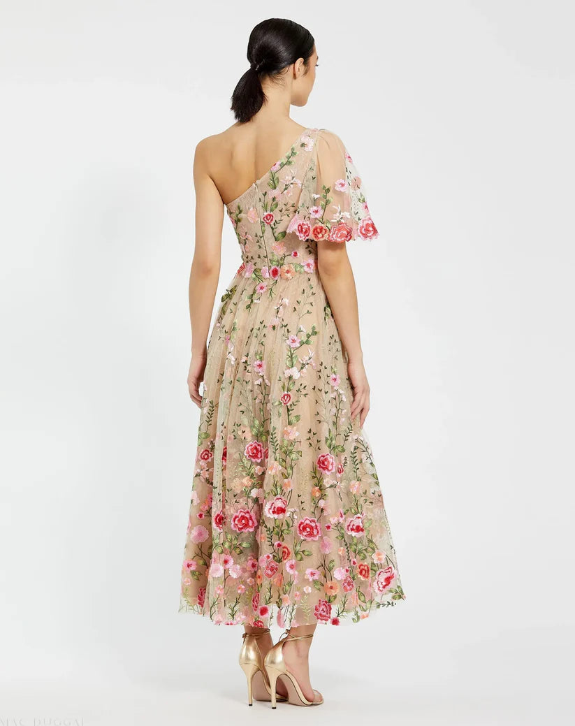 Robe Weitese rose asymétrique en dentelle brodée, robe longue, robe de soirée trapèze, robe de bal à manches courtes